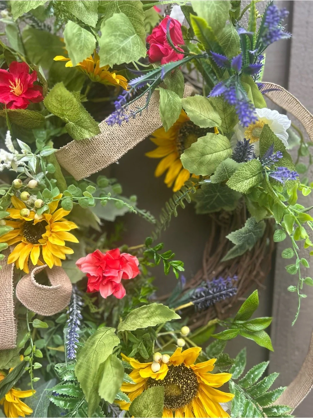 Sunflower wildflower wreath summer front door decor burlap bow wreath